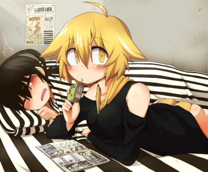 2girls ahoge ass black_hair blonde_hair blush commentary_request juice_box konohana_saku looking_at_viewer lying magazine_(object) multiple_girls on_stomach one_eye_closed open_mouth original panties poster_(object) red_eyes short_hair underwear yellow_eyes yellow_panties