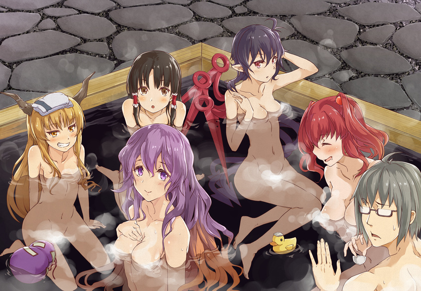 1boy 5girls :o ^_^ alcohol barefoot bath black_hair blonde_hair blush breast_suppress breasts brown_eyes cleavage closed_eyes commentary_request completely_nude convenient_censoring from_above glasses gourd grey_hair grin hair_between_eyes hair_bobbles hair_ornament hair_tubes hakurei_reimu hijiri_byakuren holding houjuu_nue ibuki_suika large_breasts laughing long_hair looking_at_viewer mixed-sex_bathing morichika_rinnosuke multiple_girls navel nude onozuka_komachi onsen opaque_glasses partially_submerged pavement pointy_ears purple_eyes purple_hair red_eyes red_hair rubber_duck sake semi-rimless_eyewear shared_bathing short_hair sitting smile steam steam_censor sweat tanigawa_kent touhou towel towel_on_head two_side_up under-rim_eyewear wariza water wings