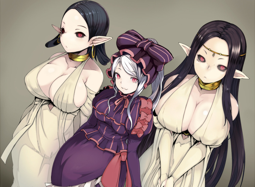 3girls :< :3 bare_shoulders black_hair black_sclera bonnet bow breasts brown_hair circlet closed_mouth colored_sclera commentary_request earrings ginji74 gothic_lolita grey_background height_difference hoop_earrings jewelry juliet_sleeves large_breasts lolita_fashion long_hair long_sleeves looking_at_viewer medium_breasts multiple_girls neck_ring overlord_(maruyama) parted_bangs photoshop_(medium) pink_eyes pink_ribbon pointy_ears ponytail puffy_sleeves red_eyes ribbon shalltear_bloodfallen sidelocks slit_pupils smile straight_hair striped striped_bow undead v_arms vampire vampire_bride_(overlord) very_long_hair white_hair