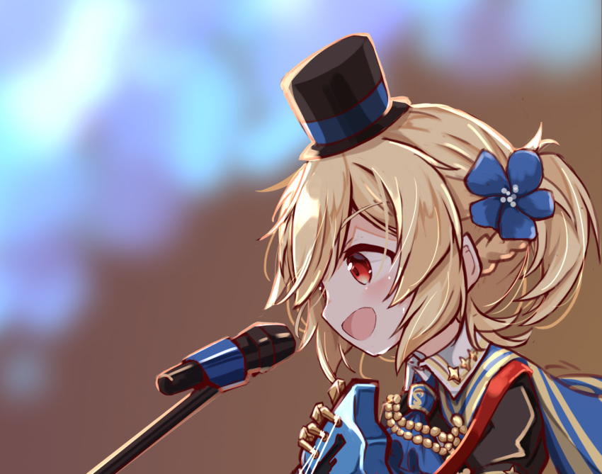 ascot bad_id bad_pixiv_id bare_shoulders black_hat black_jacket blonde_hair blue_ascot blue_cape blue_flower blurry blurry_background blush cape commentary_request depth_of_field female flower girls'_frontline hair_between_eyes hair_flower hair_ornament hat highres instrument jacket looking_away matsuo_(matuonoie) microphone mini_hat mini_top_hat nagant_revolver_(astral_bond)_(girls'_frontline) nagant_revolver_(girls'_frontline) official_alternate_costume open_mouth ponytail red_eyes solo top_hat upper_body