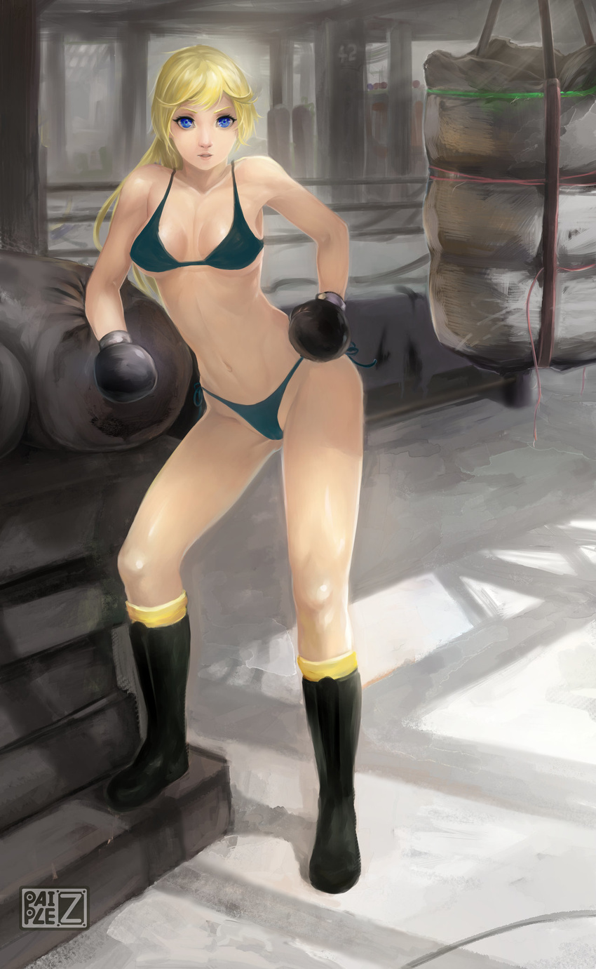 bikini blonde_hair blue_eyes boots borrowed_character boxing_gloves boxing_ring breasts gymnasium highres izanami_ito knee_boots long_hair original paiple-r punching_bag side-tie_bikini small_breasts solo swimsuit thong