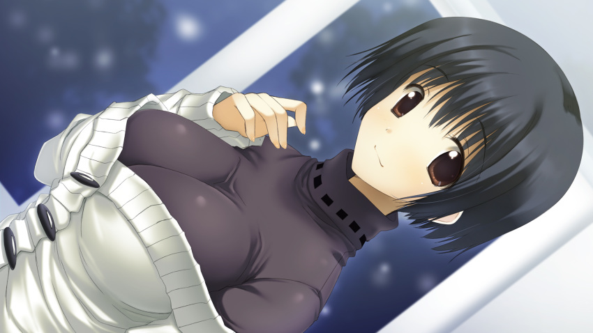 asou_asuna black_hair breasts brown_eyes close night short_hair snow tenshi_no_inai_12-gatsu yu-ta