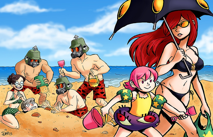 4boys adam_kapowski bad_id bad_tumblr_id banned_artist beach bikini black_egrets breasts bucket buried cleavage dani_grew day flat_chest gas_mask glasses hair_bun hair_over_one_eye helmet hungern_(skullgirls) inflatable_armbands innertube kneeling krieg_(skullgirls) lips long_hair medium_breasts molly_(skullgirls) multiple_boys multiple_girls no_hat no_headwear ocean one-piece_swimsuit parasoul_(skullgirls) pink_eyes pink_hair red_hair round_eyewear shorts shovel siblings side-tie_bikini sisters skullgirls smile sunglasses swimsuit umbrella umbrella_(skullgirls)