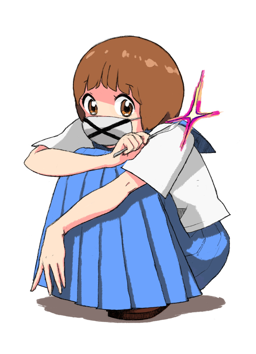 blue_sailor_collar bob_cut brown_eyes brown_hair commentary_request delinquent female highres kill_la_kill long_skirt mankanshoku_mako mask mouth_mask photoshop_(medium) rasou sailor_collar scalpel school_uniform serafuku short_hair skirt solo squatting sukeban surgical_mask