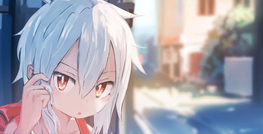 adjusting_hair backpack bag blurry commentary_request depth_of_field female inami_hatoko lolicon looking_at_viewer open_mouth original outdoors portrait randoseru red_eyes road shirakami_musubu_(inami_hatoko) solo street white_hair