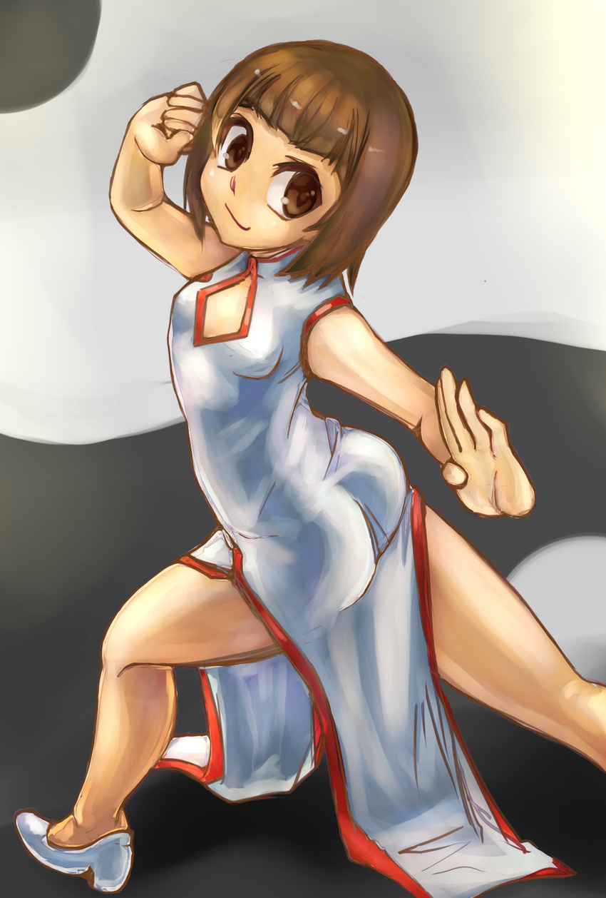 ass brown_eyes brown_hair china_dress chinese_clothes dark_skin female keychan nchallenge nchans short_hair sleeveless sleeveless_dress small_breasts solo suzumushi white_dress yin_yang