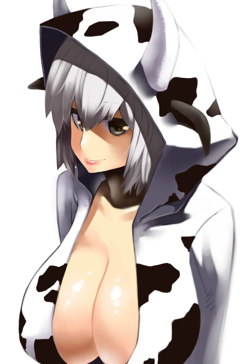 absurdres animal_print bad_id bad_pixiv_id breasts cleavage cow_girl cow_horns cow_print doku-chan_(dokkudokudoku) female grey_eyes highres hood hoodie horns huge_breasts lips looking_at_viewer original short_hair silver_hair simple_background smile solo white_background