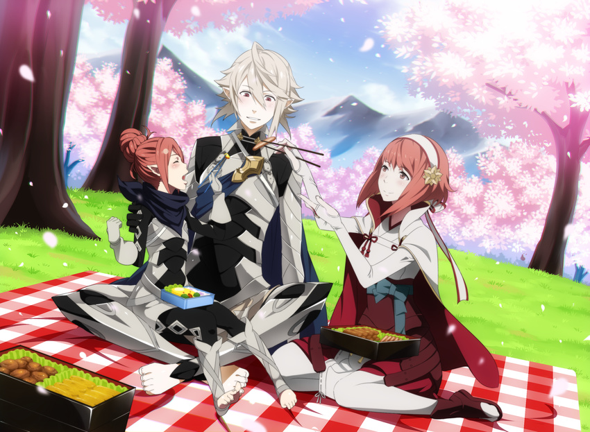 1boy 2girls absurdres barefoot bento cherry_blossoms commentary corrin_(fire_emblem) corrin_(male)_(fire_emblem) dannex009 english_commentary family father_and_daughter fire_emblem fire_emblem_fates food hanami headband highres husband_and_wife kana_(female)_(fire_emblem) kana_(fire_emblem) md5_mismatch mother_and_daughter multiple_girls picnic pink_hair pointy_ears sakura_(fire_emblem) toeless_legwear