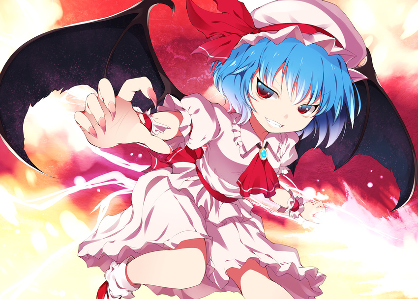 ascot bad_id bad_pixiv_id bat_wings blue_hair brooch fangs female fingernails grin hat hat_ribbon highres jewelry long_fingernails looking_at_viewer mizukami_ryouma outstretched_arms red_eyes remilia_scarlet ribbon sash shirt short_hair skirt skirt_set slit_pupils smile solo spear_the_gungnir touhou wings wrist_cuffs