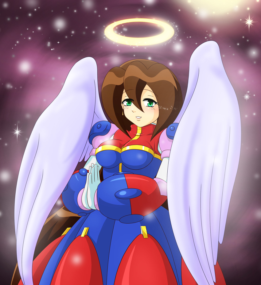 android angel angel_wings breasts brown_hair eyebrows_visible_through_hair female gloves hair_between_eyes halo hyoumaru iris_(rockman_x) long_hair medium_breasts rockman rockman_x smile snow snowing solo white_gloves white_wings wings