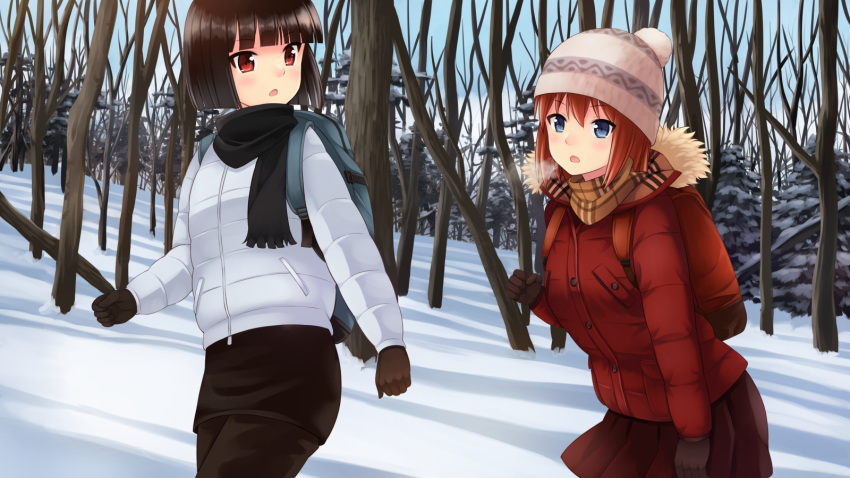 2girls akatsuki_miho akemiho_tabi_nikki backpack bad_id bad_pixiv_id bag black_hair blue_eyes brown_hair coat day down_jacket fukube_tamaki gendai_ninjakko_zukan gloves hat highres jacket kouno_hikaru looking_at_another multiple_girls outdoors red_eyes scarf short_hair skirt snow visible_air walking