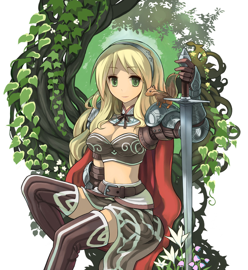 animal animal_on_shoulder armor belt bikini_armor blonde_hair bow breasts brown_gloves brown_thighhighs cape cleavage commentary_request crop_top detached_collar female floral_background flower gloves green_eyes grey_hairband hairband hairbow highres ivy light_smile long_hair looking_at_viewer medium_breasts midriff original pauldrons shoulder_armor sitting skirt solo squirrel sword thighhighs tree vambraces weapon yuugiri_(u-slash) zettai_ryouiki