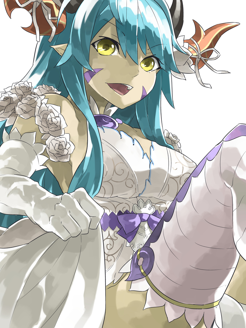 :d aqua_hair armpits bare_shoulders bow breasts collarbone commentary_request detached_collar dress elbow_gloves eyelashes eyes_visible_through_hair facial_mark female flower gloves hair_between_eyes hair_over_breasts highres horn_ornament horn_ribbon horns large_breasts long_hair looking_at_viewer magatama mosamune open_mouth pointy_ears purple_bow puzzle_&_dragons raised_eyebrows ribbon rose satsuki_(p&d) simple_background smile solo strapless strapless_dress teeth thighhighs white_background white_dress white_flower white_gloves white_ribbon white_rose yellow_eyes