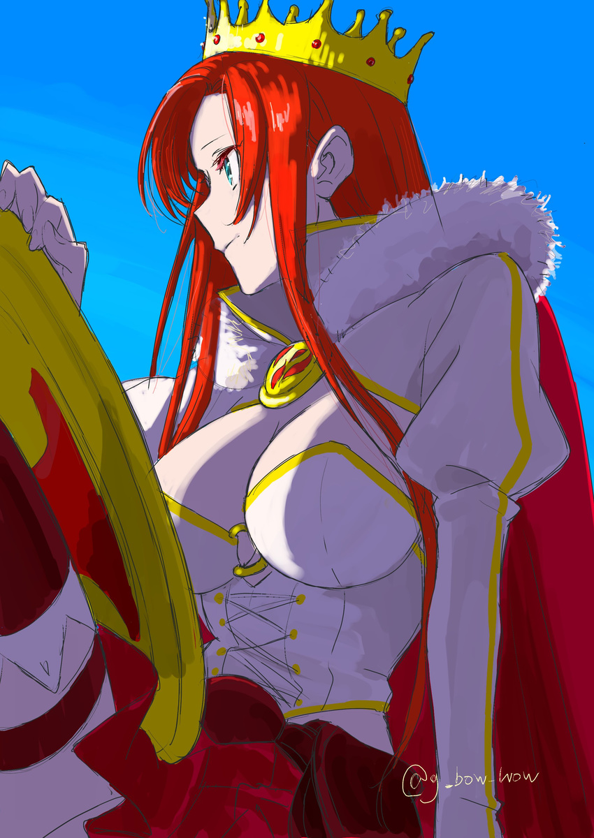 absurdres aqua_eyes boudica_(fate) boudica_(third_ascension)_(fate) breasts cape cleavage commentary_request corset crown fate/grand_order fate_(series) female g_bow_wow highres large_breasts light_smile long_hair orange_hair protected_link red_thighhighs shield skirt solo thighhighs twitter_username