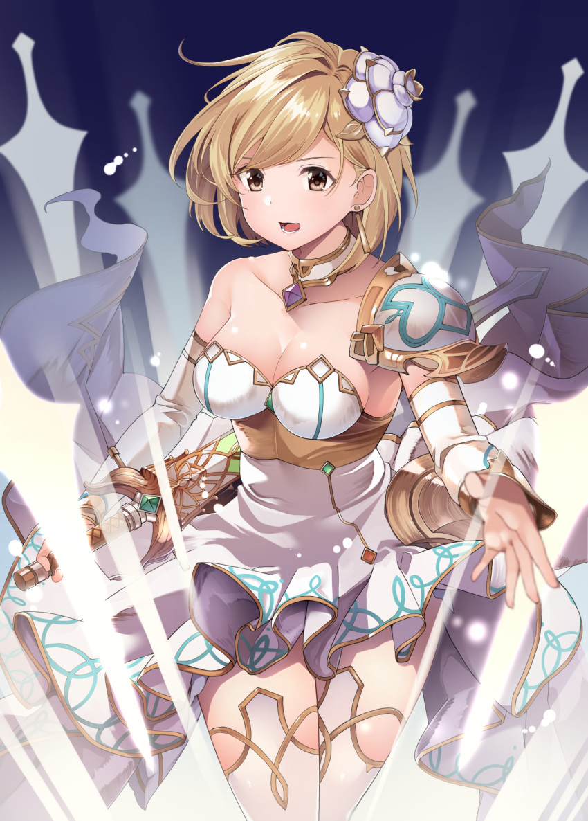 bare_shoulders blonde_hair blush breasts brown_eyes byte_(allbyte) cleavage collarbone commentary_request detached_sleeves djeeta_(granblue_fantasy) female glorybringer_(granblue_fantasy) granblue_fantasy hair_ornament highres looking_at_viewer medium_breasts nontraditional_miko short_hair solo