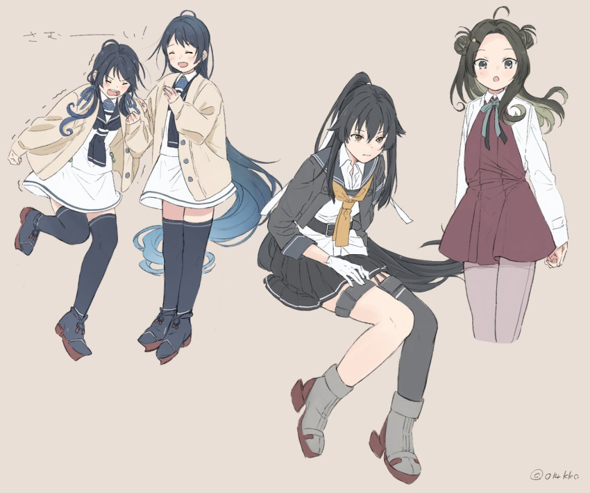 4girls :o black_hair black_skirt black_thighhighs blue_hair blue_thighhighs brown_background cardigan closed_eyes closed_mouth commentary cropped_legs double_bun full_body gloves green_hair grey_hair hair_bun hair_ornament hair_ribbon hairclip highres invisible_chair kantai_collection kokko_(014kko) long_hair long_sleeves makinami_(kancolle) multicolored_hair multiple_girls open_mouth pantyhose parted_lips pleated_skirt ponytail ribbon rudder_footwear sailor_collar samidare_(kancolle) school_uniform serafuku simple_background single_thighhigh sitting skirt suzukaze_(kancolle) symbol-only_commentary thighhighs twitter_username very_long_hair white_gloves white_ribbon white_skirt yahagi_(kancolle)