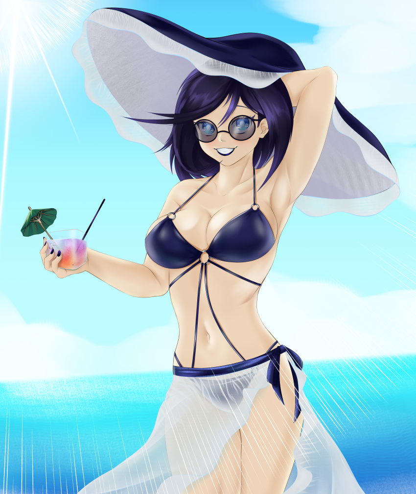 absurdres arm_behind_head badsharku bikini black_hair blue_bikini blue_eyes breasts cleavage cocktail_umbrella female girls'_frontline hat highres intruder_(girls'_frontline) large_breasts lipstick looking_at_viewer makeup nail_polish sangvis_ferri see-through smile sunglasses swimsuit