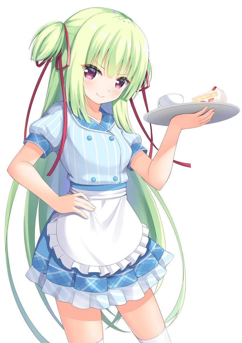 7fuji_06 bands blue_shirt blue_skirt blush cake cake_slice female food green_hair hair_ribbon hand_on_own_hip highres holding holding_tray long_hair looking_at_viewer murasame_(senren) purple_eyes red_ribbon ribbon senren_banka shirt short_sleeves simple_background skirt smile solo thighhighs tray very_long_hair waitress white_background white_thighhighs