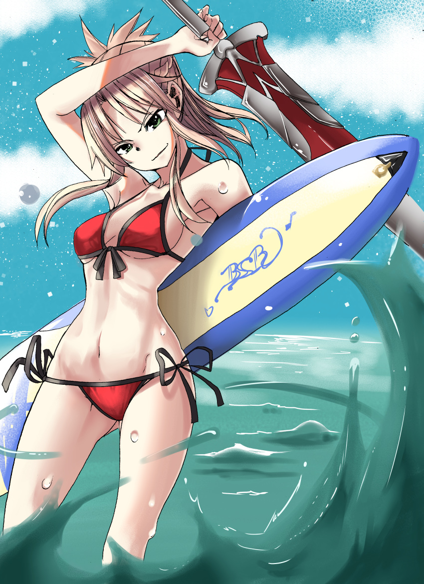 absurdres ass_visible_through_thighs bikini blonde_hair blue_sky braid breasts clarent_(fate) cloud day fate/grand_order fate_(series) female green_eyes groin hair_ornament hair_scrunchie half_up_braid highres horizon looking_at_viewer medium_breasts mordred_(fate) mordred_(swimsuit_rider)_(fate) mordred_(swimsuit_rider)_(first_ascension)_(fate) navel ocean ponytail prydwen_(fate) red_bikini red_scrunchie scrunchie side-tie_bikini_bottom sky smile smirk solo strap_gap surfboard sweet_reverie swimsuit wading water