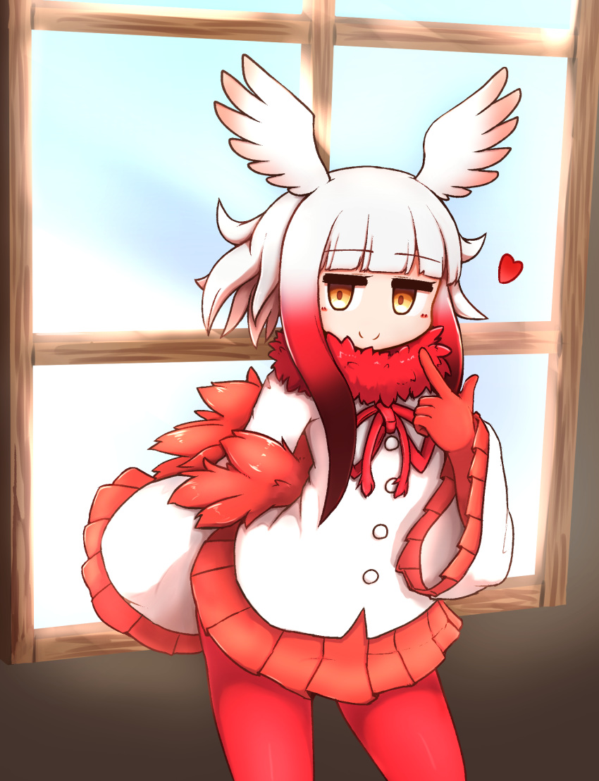 aticotta bad_id bad_pixiv_id blunt_bangs blush brown_eyes closed_mouth commentary female gloves head_wings highres index_finger_raised japanese_crested_ibis_(kemono_friends) kemono_friends long_sleeves looking_at_viewer medium_hair pantyhose pleated_skirt pointing pointing_at_self red_gloves red_hair red_pantyhose red_skirt sidelocks skirt smile solo white_hair wings