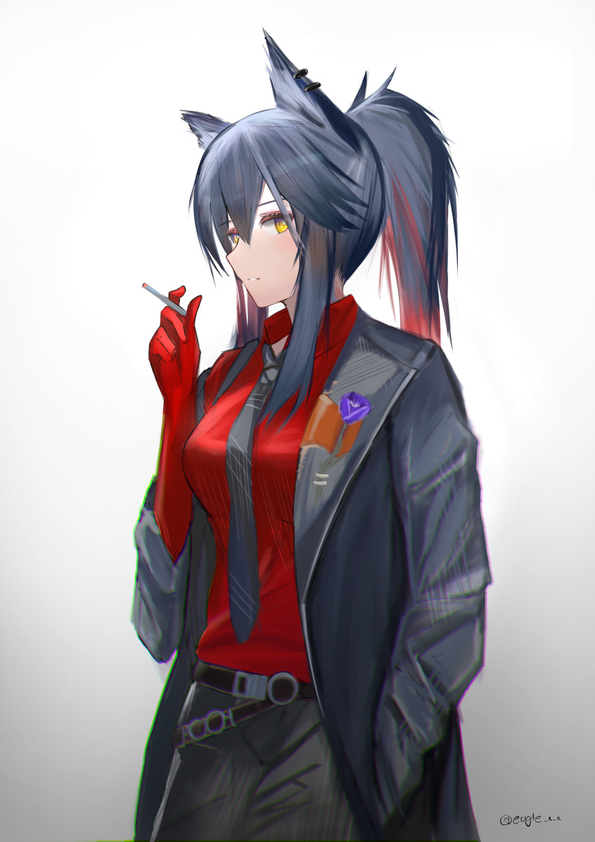 absurdres animal_ears arknights belt black_belt black_hair black_jacket black_necktie black_shorts cigarette collared_shirt cowboy_shot dress_shirt ear_piercing elbow_gloves eugle_na female gloves grey_background hair_between_eyes hand_in_pocket highres holding holding_cigarette jacket long_sleeves looking_at_viewer multicolored_hair necktie official_alternate_costume open_clothes open_jacket piercing ponytail red_gloves red_hair red_shirt shirt shorts sidelocks simple_background solo streaked_hair texas_(arknights) texas_(willpower)_(arknights) wolf_ears yellow_eyes