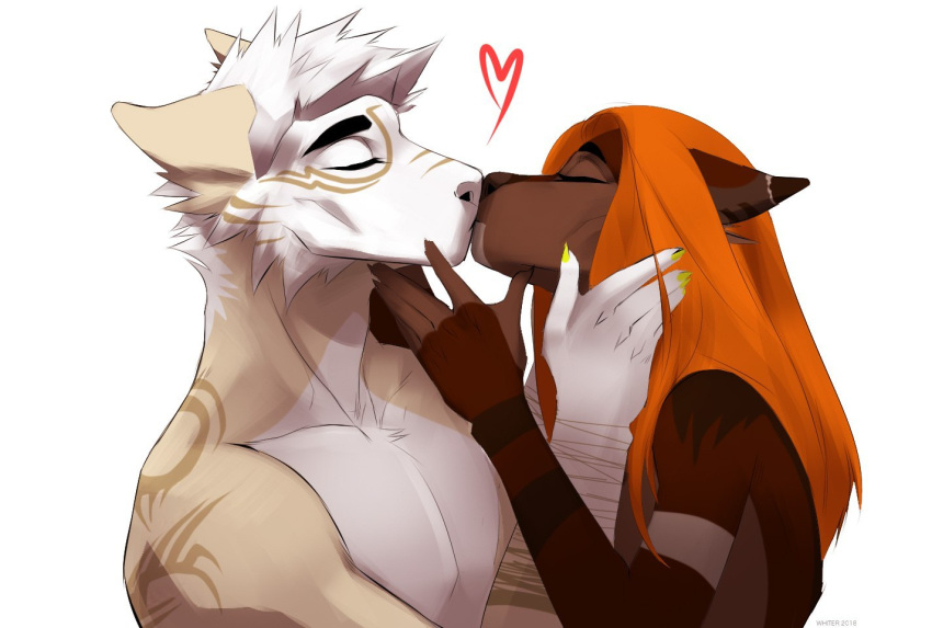 2018 brown_body brown_fur closed_eyes dark_shadow26011994_(character) duo female fur hair male male/female orange_hair simple_background tattoo white_background white_body white_fur whiter