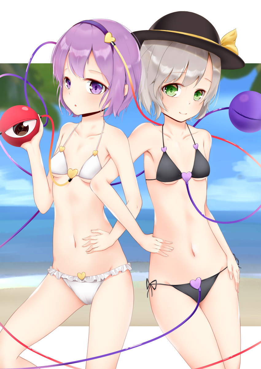 2girls absurdres bare_shoulders beach bikini black_bikini black_headwear blue_sky border bow breasts brown_eyes closed_mouth cloud cloudy_sky day green_eyes grey_hair hairband hand_on_own_hip hand_up hat hat_bow heart heart-shaped_pupils highres holding komeiji_koishi komeiji_satori leaf mantou_xiang multiple_girls navel open_mouth purple_eyes purple_hair purple_hairband sand short_hair sky small_breasts smile standing stomach swimsuit symbol-shaped_pupils third_eye touhou white_bikini white_border yellow_bow