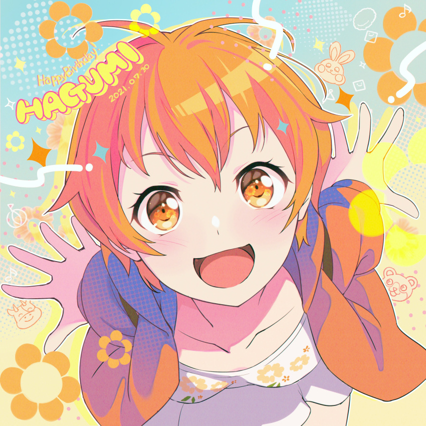 :d absurdres bang_dream! blush breasts cowboy_shot dated dress english_text female floral_background floral_print from_above happy_birthday highres hood hoodie kitazawa_hagumi looking_at_viewer looking_up nobusawa_osamu open_clothes open_hoodie open_mouth orange_eyes orange_hair short_hair sitting small_breasts smile solo tongue white_dress