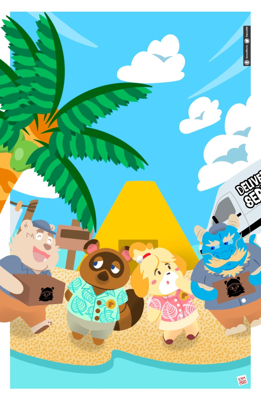 2020 american_black_bear animal_crossing anthro asian_mythology beach black_bear blue_body blue_eyes blush bottomwear brown_body brown_fur canid canine canis chibi closed_eyes clothing delivery_bear_service domestic_dog dragon east_asian_mythology eastern_dragon fur group hat headgear headwear hi_res isabelle_(animal_crossing) kamui_shirow kermo_(kamui_shirow) kermode_bear male mammal mythology nintendo outside overweight overweight_male pants raccoon_dog rayu_(kamui_shirow) seaside shirt shorts tanuki tom_nook_(animal_crossing) topwear ursid ursine video_games water