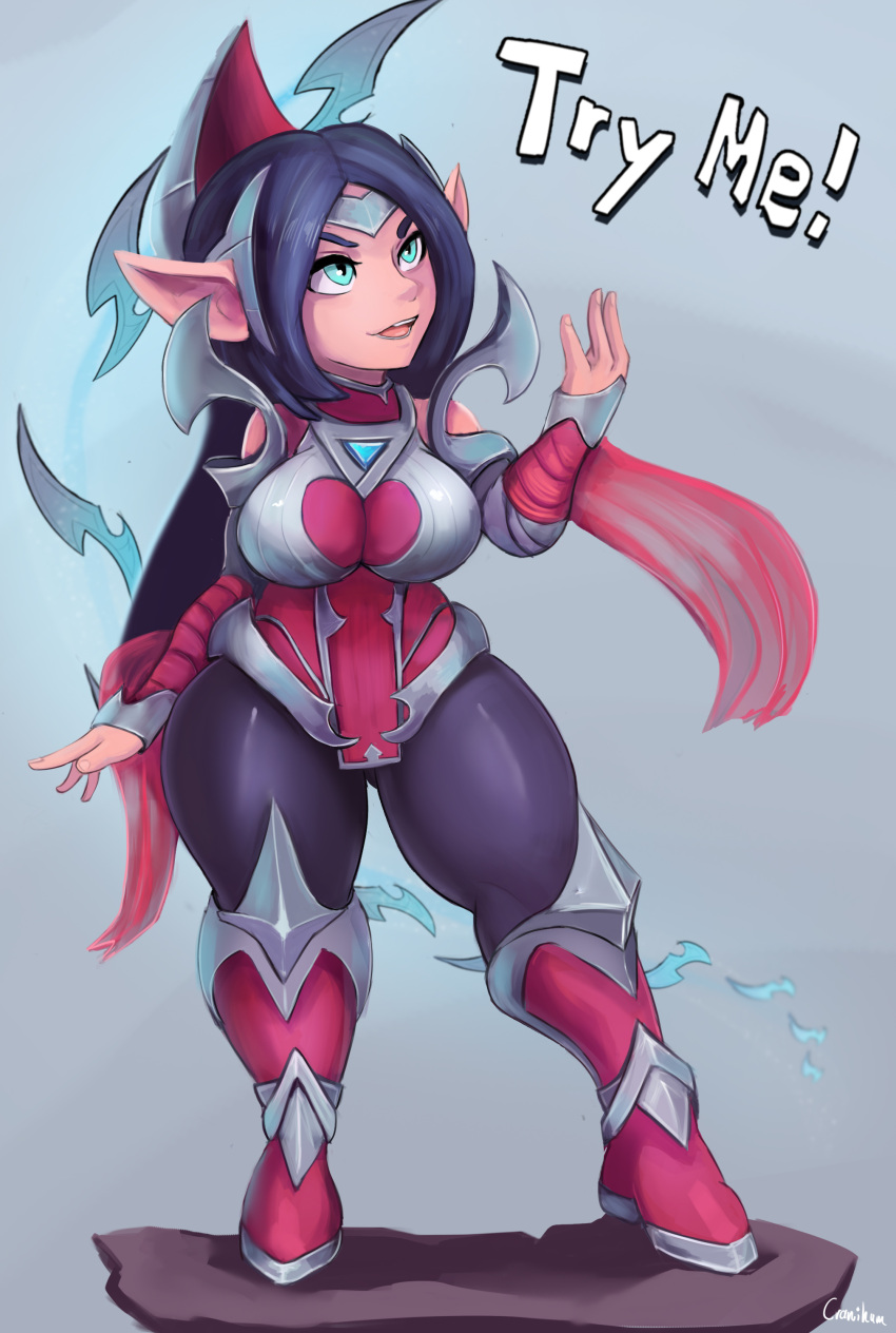 2022 absurd_res alternate_species blue_eyes blue_hair breasts clothed clothing cranihum dialogue english_text female hair hi_res humanoid humanoid_pointy_ears irelia_(lol) league_of_legends not_furry open_mouth open_smile riot_games simple_background smile solo tencent text yordle