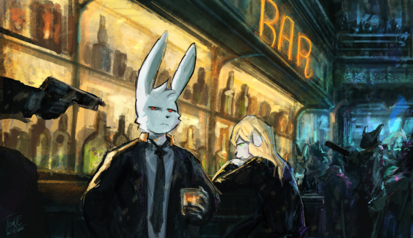 absurd_res ambiguous_gender anthro bar_counter beverage canid canine canis clothing counter detailed_background domestic_dog dr_rabbit_(tomtc) green_eyes gun handgun hi_res holding_gun holding_handgun holding_object holding_pistol holding_ranged_weapon holding_weapon inside lagomorph leporid mammal natalia_(tomtc) necktie pistol rabbit ranged_weapon red_eyes suit tomtc weapon