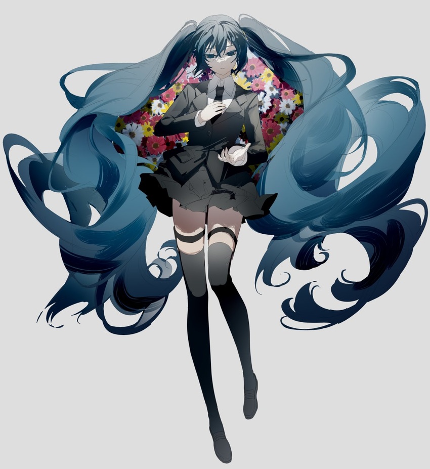 aqua_eyes aqua_hair black_clothes black_footwear black_legwear black_necktie blank_stare closed_mouth empty_eyes expressionless female floating_hair flower garters half-closed_eyes hand_on_own_chest hatsune_miku highres liita_(dusk_snow) long_hair looking_down miniskirt necktie outstretched_arm pale_skin pigeon-toed pleated_skirt saihate_(vocaloid) serious shoes skirt solo thighhighs twintails very_long_hair vocaloid zettai_ryouiki