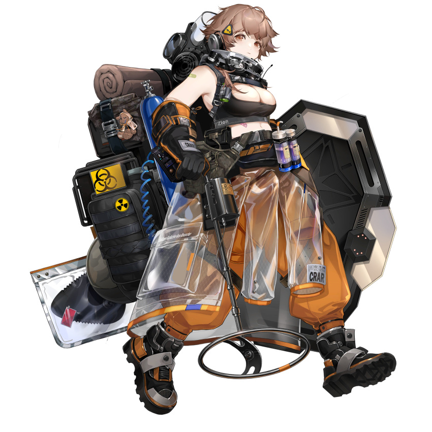 ahoge backpack bag bandaid bandaid_on_arm bandaid_on_stomach bare_shoulders bedroll biohazard_symbol boots breasts brown_eyes brown_hair cleavage clothes_around_waist female full_body game_cg gas_mask girls'_frontline girls'_frontline_neural_cloud gloves hair_ornament highres jacket large_breasts mask metal_detector midriff navel official_art orange_pants oxygen_tank pants porafree radiation_symbol see-through see-through_jacket shield shoe_soles short_hair solo stuffed_animal stuffed_toy tank_top teddy_bear transparent_background unworn_mask zion_(neural_cloud)