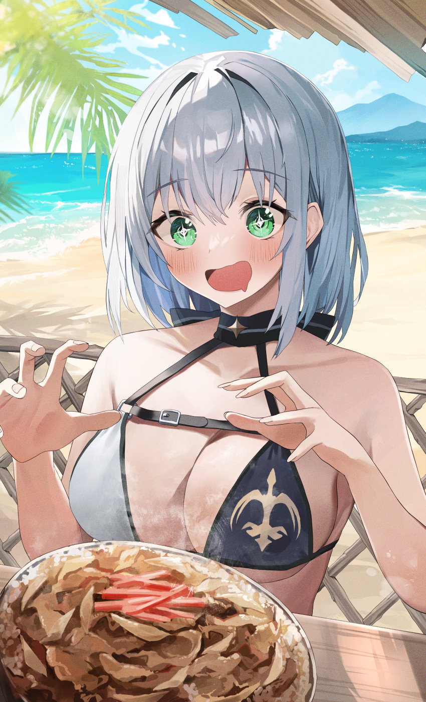 +_+ absurdres beach bikini blue_bikini blush bowl breasts cleavage collarbone commentary day drooling female food green_eyes grey_hair gyuudon highres hololive large_breasts nel_dcm open_mouth outdoors palm_leaf palm_tree rice sand shirogane_noel shirogane_noel_(summer_2020) short_hair smile solo swimsuit tree two-tone_bikini virtual_youtuber water white_bikini