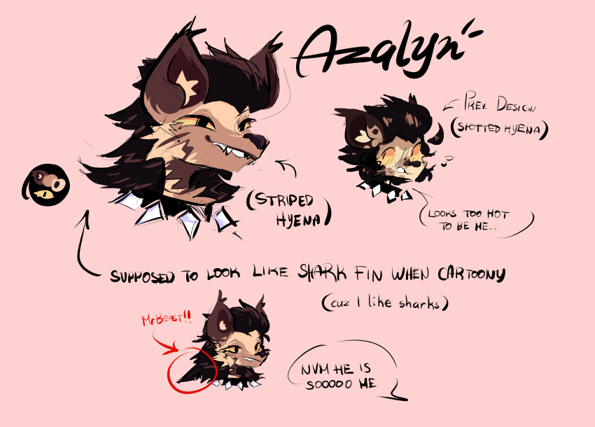 arrow_sign astralghostoooo azalyn_hyena collar english_text fangs fur hair hi_res hyena long_hair male mammal model_sheet multicolored_body multicolored_fur multiple_drawings redesign redesigned smile solo spiked_collar spikes striped_hyena teeth text yellow_eyes