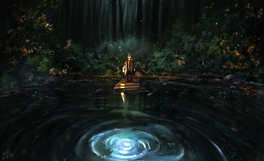 absurd_res anthro clothing detailed_background dr_rabbit_(tomtc) forest hi_res lagomorph lamp lantern leporid mammal outside painting_(artwork) plant rabbit signature solo suit tomtc traditional_media_(artwork) tree water