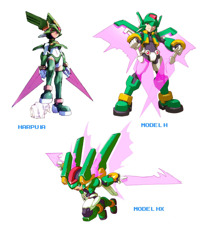 android armor boots capcom clothing dual_wielding facial_markings female footwear green_body green_eyes group head_markings headgear helmet hi_res holding_object holding_weapon humanoid machine male markings mega_man_(series) mega_man_zero mega_man_zx melee_weapon official_art red_eyes reploid robot sage_harpuia sword text weapon wings