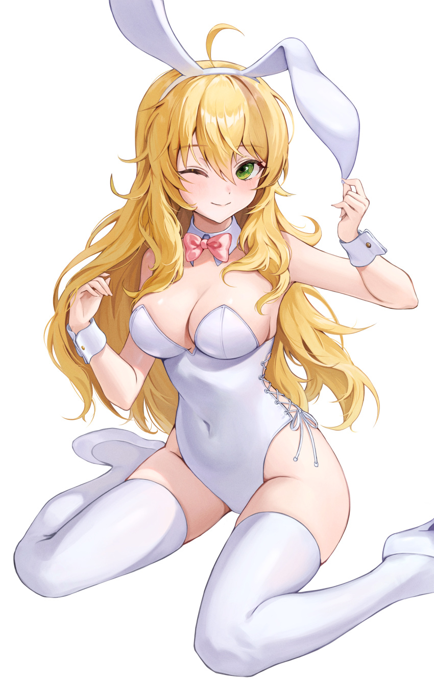 absurdres ahoge alternate_costume animal_ears bad_id bad_pixiv_id blonde_hair blush breasts cleavage commentary covered_navel detached_collar fake_animal_ears female green_eyes hd_(sw4189101) high_heels highres hoshii_miki idolmaster idolmaster_(classic) idolmaster_million_live! large_breasts leotard long_hair looking_at_viewer one_eye_closed playboy_bunny rabbit_ears sitting smile solo symbol-only_commentary thighhighs very_long_hair wariza white_footwear white_leotard white_thighhighs wrist_cuffs