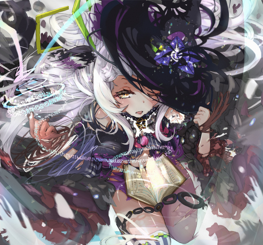 bad_id bad_pixiv_id black_hat blunt_bangs book esearu female grey_hair grimoire hat henshin highres hololive index_finger_raised long_hair magic murasaki_shion murasaki_shion_(1st_costume) short_eyebrows sidelocks solo tilted_headwear transformation virtual_youtuber witch_hat yellow_eyes