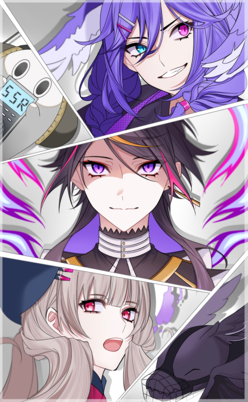 1boy 2girls absurdres black_headwear black_sweater blue_eyes braid dragon ember_(selen_tatsuki) ghost grey_hair hair_behind_ear head_wings heterochromia highres kitto_(kito_saku112) lanyard looking_at_viewer looking_to_the_side medium_hair multiple_girls muzzle nijisanji nijisanji_en poppi_(reimu_endou) purple_eyes purple_hair reimu_endou selen_tatsuki selen_tatsuki_(1st_costume) shaded_face shu_yamino smile sweater twin_braids virtual_youtuber wings