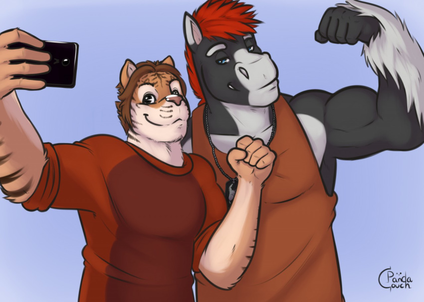 2017 5_fingers anthro biceps black_body black_fur black_stripes blue_background blue_eyes brown_hair cellphone clothed clothing digital_media_(artwork) dog_tags duo electronics equid equine eyebrows felid fingers flexing front_view fur hair holding_object holding_phone horse jodira male mammal multicolored_body multicolored_ears multicolored_fur muscular muscular_male orange_body orange_clothing orange_fur orange_shirt orange_topwear pandacouch pantherine phone pink_nose red_hair selfie shirt short_hair simple_background smile standing striped_body striped_fur stripes tank_top tiger topwear two_tone_body two_tone_ears two_tone_fur white_body white_eyebrows white_fur