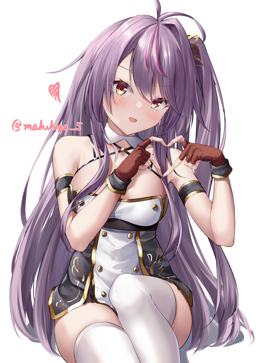 absurdres ahoge azur_lane bare_shoulders blush breasts dress female fingerless_gloves gloves grenville_(azur_lane) hair_between_eyes hair_ornament heart heart_hands highres long_hair looking_at_viewer makihige microdress multicolored_hair open_mouth orange_eyes purple_hair side_ponytail simple_background sitting smile solo streaked_hair thighhighs thighs white_background white_thighhighs