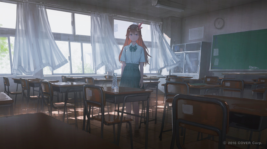 aogami_high_school_uniform blue_eyes brown_hair chair chalkboard classroom clock curtains female full_body hair_flaps hair_ornament hair_ribbon highres hololive hololive_error indoors long_hair looking_at_viewer official_alternate_costume official_art red_ribbon reoen ribbon school_chair school_uniform skirt solo star_(symbol) star_hair_ornament table tokino_sora virtual_youtuber watermark wide_shot window