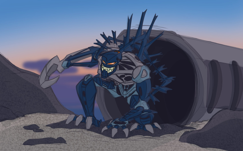 16:10 2022 3_fingers 3_toes ambiguous_gender armor bared_teeth beach beta_core bionicle biped blue_body capsule claws cloud container detailed_background digital_drawing_(artwork) digital_media_(artwork) feet fingers grey_body hand_on_ground hi_res hook hook_hand humanoid kneeling lego machine male melee_weapon multicolored_body muscular not_furry open_mouth outside piraka red_eyes robot rock sand sea seaside sharp_teeth simple_background skakdi sky solo spikes spikes_(anatomy) teeth toes two_tone_body vezok water weapon weapon_arm widescreen