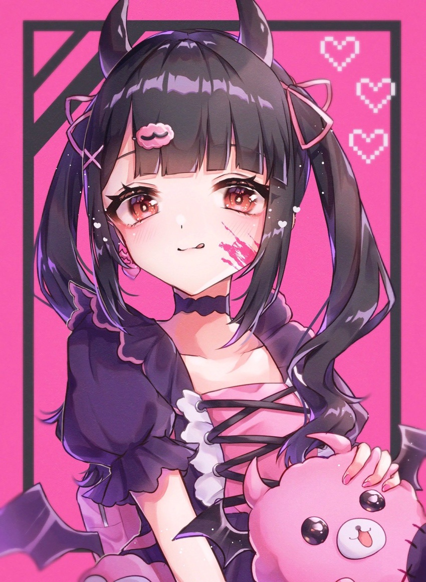 0623_zatta black_hair blunt_bangs blush choker closed_mouth collarbone demon_horns demon_wings denonbu dress earrings female frills hair_ornament hair_ribbon hairclip heart heart_earrings highres horns jewelry looking_at_viewer paint_splatter pink_eyes pink_nails pomemori puffy_short_sleeves puffy_sleeves purple_dress reml ribbon short_sleeves smile solo stuffed_toy tongue tongue_out twintails winged_bag wings