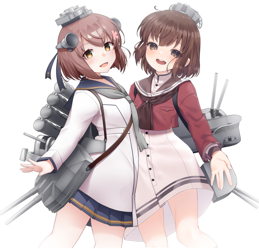 2girls absurdres anchor_symbol black_sailor_collar brown_eyes brown_hair brown_neckerchief cherry_blossoms collaboration commentary_request cowboy_shot dress dual_persona flower grey_neckerchief grey_sailor_collar hair_flower hair_ornament headgear highres kanae_(inorin05kanae) kantai_collection kirigakure_(kirigakure_tantei_jimusho) looking_at_viewer machinery multiple_girls neckerchief open_mouth red_shirt round_teeth sailor_collar sailor_shirt shirt short_hair simple_background smile speaking_tube_headset tan_yang_(kancolle) teeth upper_teeth_only white_background white_dress yukikaze_(kancolle)