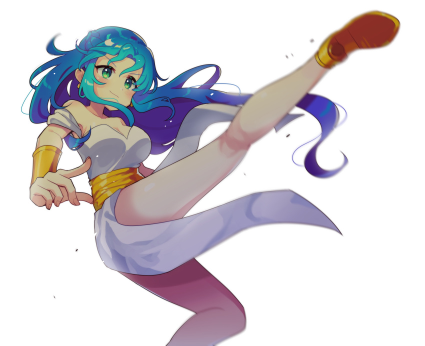 absurdres bare_shoulders blue_hair blush breasts cleavage closed_mouth commentary dress earrings female green_eyes high_heels highres incoming_kick jewelry korean_commentary large_breasts leg_up long_hair looking_away offbeat puyopuyo rulue_(puyopuyo) smile solo white_dress