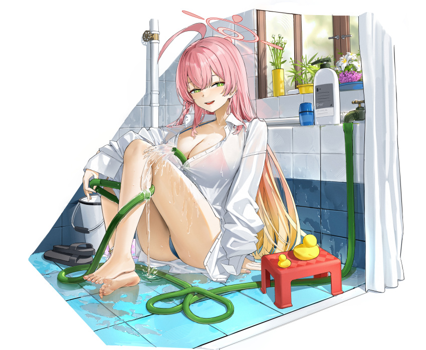 absurdres ahoge barefoot bathroom bikini bikini_under_clothes blue_archive breasts bright_pupils chinese_commentary cleavage collarbone collared_shirt commentary_request dor_m feet female flower_pot green_eyes halo hanako_(blue_archive) hanako_(swimsuit)_(blue_archive) highres holding holding_hose hose hose_between_breasts indoors knees_up large_breasts long_sleeves looking_at_viewer official_alternate_costume open_mouth oversized_clothes oversized_shirt partially_unbuttoned pink_bikini pink_hair pink_halo rubber_duck see-through see-through_shirt shampoo_bottle shirt sitting smile soles solo swimsuit toenails toes wet wet_clothes wet_shirt white_pupils white_shirt