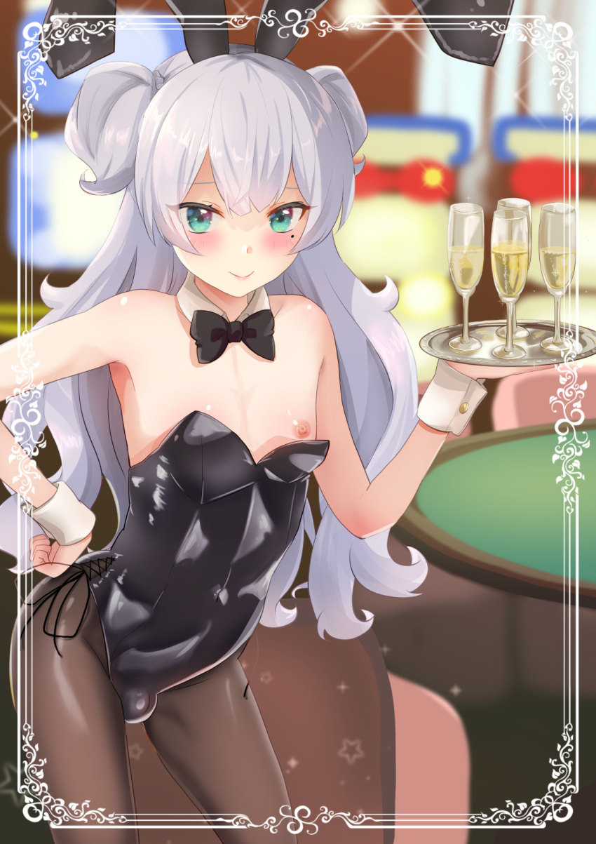 1boy animal_ears black_leotard blush brown_pantyhose bulge champagne_flute crossdressing cup detached_collar drinking_glass fake_animal_ears green_eyes highleg highleg_leotard highres leotard looking_at_viewer male_focus male_playboy_bunny nipple_slip nipples original otoko_no_ko pantyhose playboy_bunny rabbit_ears shibaame side-tie_leotard solo strapless strapless_leotard white_hair wrist_cuffs