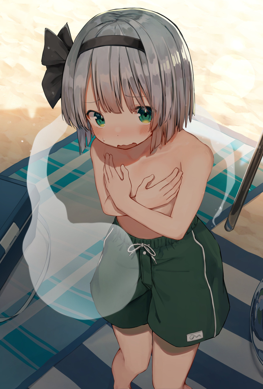 absurdres beach beach_towel blush commentary covering_breasts covering_privates crossdressing female flat_chest grey_hair hairband highres hitodama konpaku_youmu looking_at_viewer male_swimwear male_swimwear_challenge mamemochi nose_blush outdoors short_hair solo sweatdrop swim_trunks topless touhou towel wavy_mouth